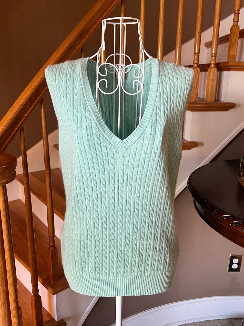 L.L. Bean Blue Cashmere Cotton Wool Cable Knit Sweater Vest Academia Size Large